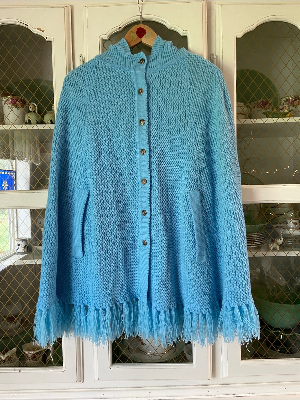 VTG MC Sky Blue Button Down Hood Cable Knit Poncho Fringe Pockets Cottagecore